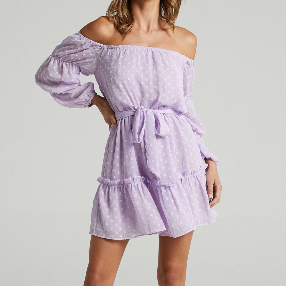 Showpo. Lilac off-the-shoulder mini dress